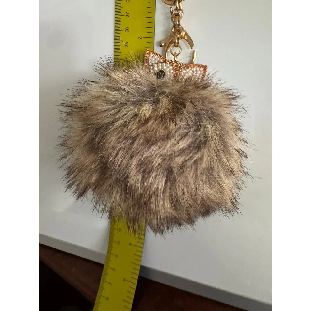 Gold Tone Fox Faux Fur Pom Pom Bag Charm Keychain Rhinestone Pearl Brown Tan